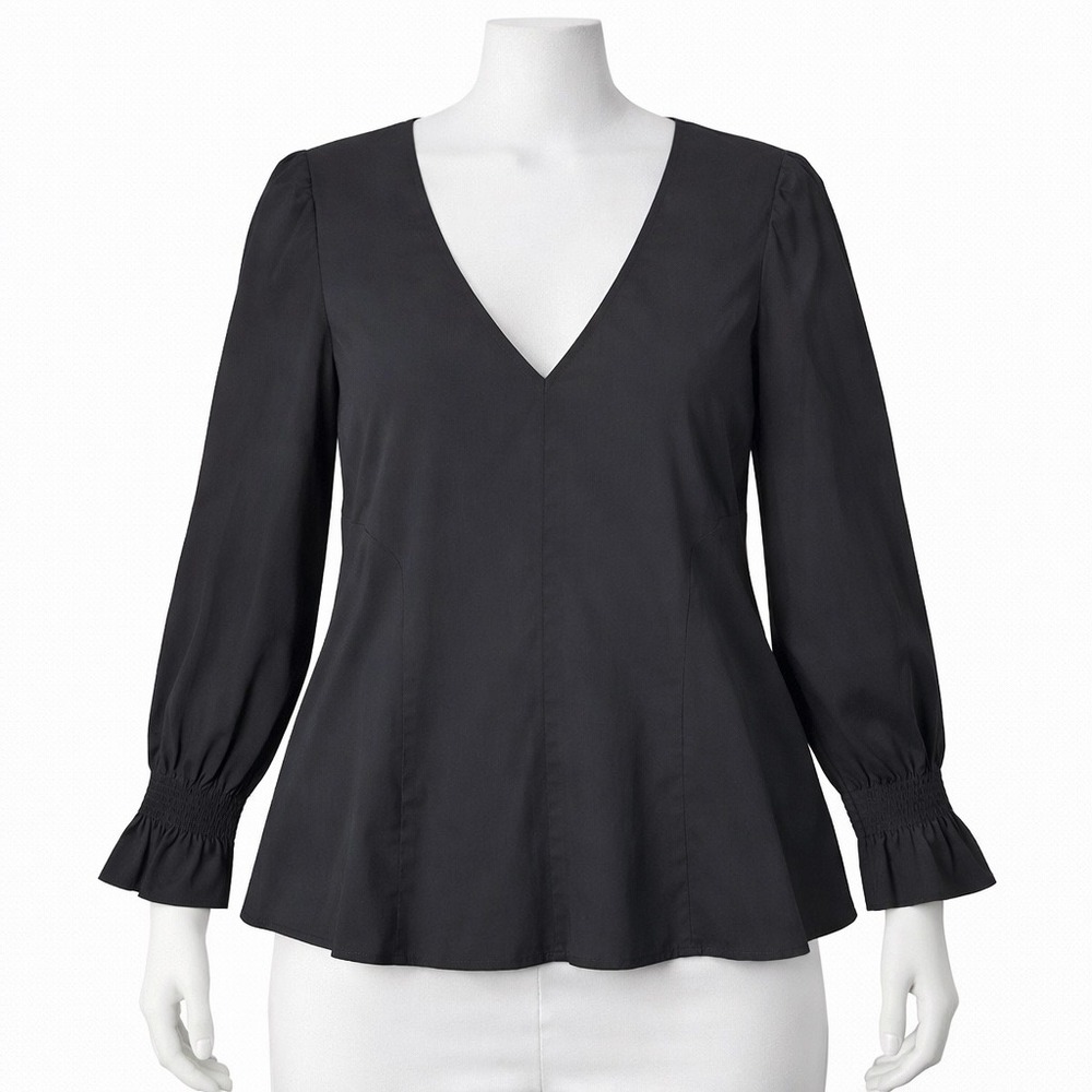 Pomander Place V-Neck Blouse Women S Black Peplum Smock Ruffle Cuff Puff Sleeve